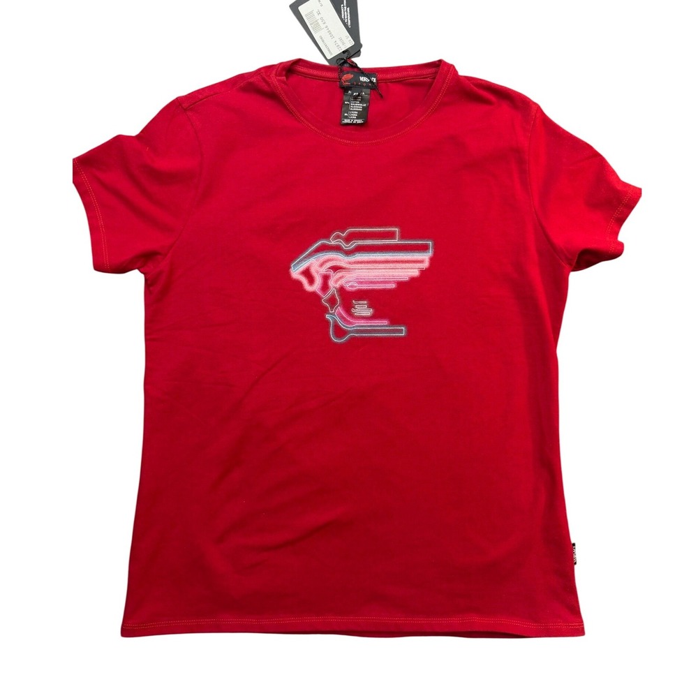 VTG Versace Sport Red Medusa Neon Graphic T-Shirt‎ Womens XL Cotton Lycra Greece